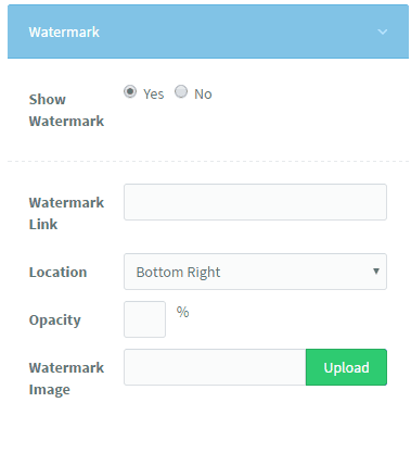 <p>To upload your own watermark, go to the Watermark section > Choose Watermark Image > Configure your watermark settings to your preference.</p>
