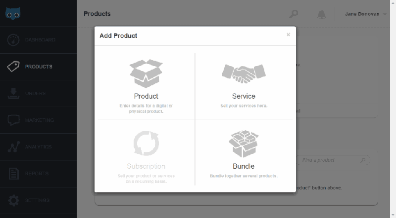 <p>Click Add a Product > Choose from either Product, Service, Subscription, or Bundle.</p>