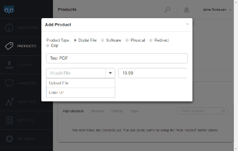 <p>To add a product, Choose the Product Type > Enter the name > Click the drop down on Attach File (If you click Upload File, a window will pop up for you to choose the file from your computer. If you click Enter URL, simply type in the URL from where your file is going to come from) > Type the price > Click Create Product.</p>