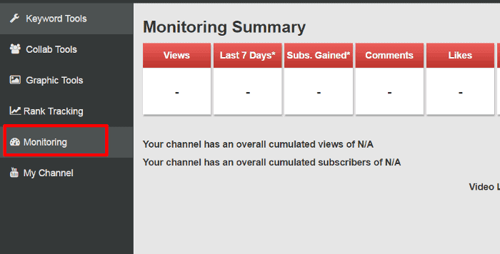 <p>To monitor you video, click Monitoring on the left panel > Click Add Video > Type in the video code, URL, or keywords > Click Add Video. After adding videos, you will see the list of videos you're tracking. Click More Info found on the very right of the row for each video to get more details.</p>