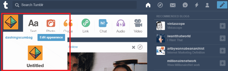 <p>On the dashboard, mouse over the image icon on the left side just below the Tumblr icon or on the user icon on the rightmost part of the page > click Edit appearance.</p>