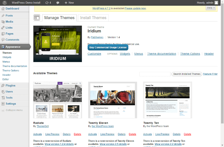 <p>Select your WordPress theme by clicking Appearance > Themes > Add New.</p>