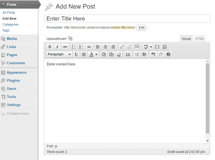<p>To write a blog post, click Posts > Add New from the WordPress dashboard.</p>