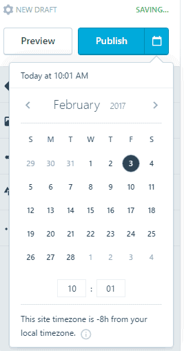 <p>To publish your blog, click the calendar icon beside Publish, set the date and time that you want it to go live.</p>