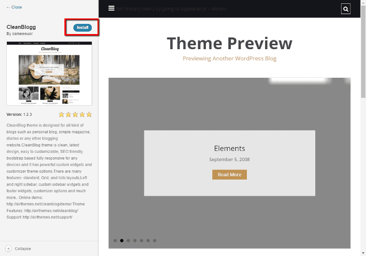 <p>Sort available themes and select a theme > Mouse over your chosen theme > Click the Install button.</p>