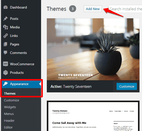 <p>Go to Appearance > Themes and click Add New.</p>
