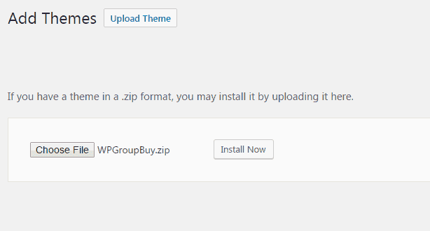 <p>Click Add New and Upload Theme > Choose the WPGroupbuy .zip file. Click Activate once it's been installed.</p>